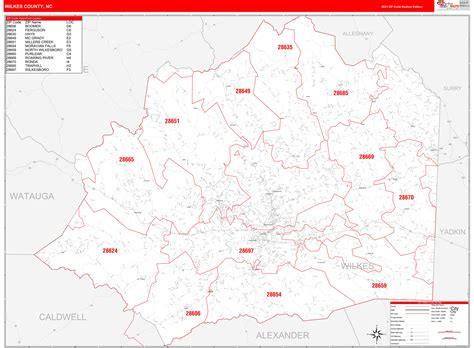 Wilkes County Nc Zip Code Wall Map Red Line Style By Marketmaps Mapsales