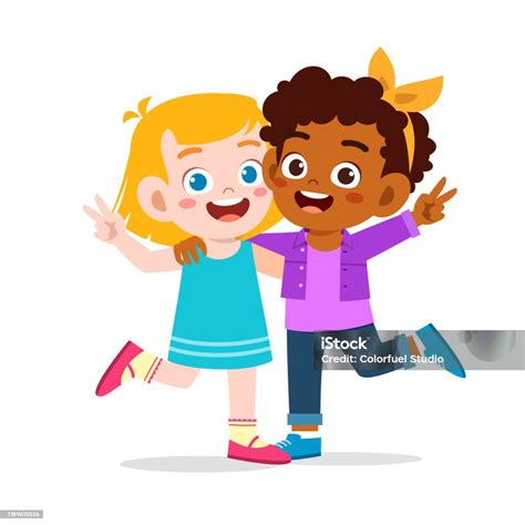 Happy Cute Kid Girl Hug Friend Together Stock Illustration Download