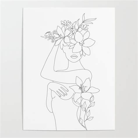 Buy Minimal Line Art Woman With Flowers Vi Poster By Nadja1 Worldwide