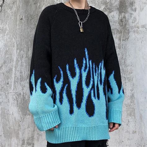 Vintage Blue Flame Sweater Aesthetic Clothes Baggy Sweater Outfits
