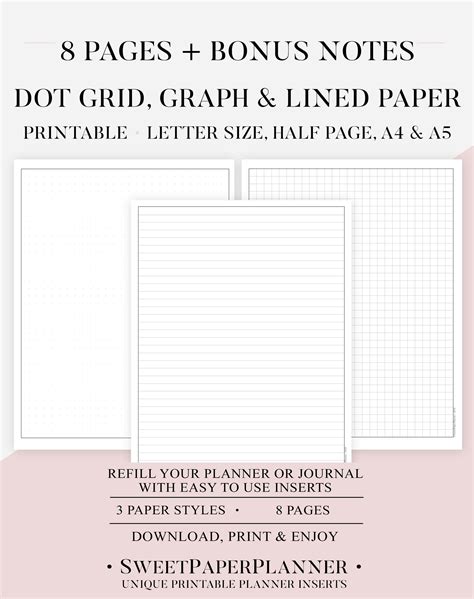 Printable Planner Paper Set Inserts Dot Grid Small And