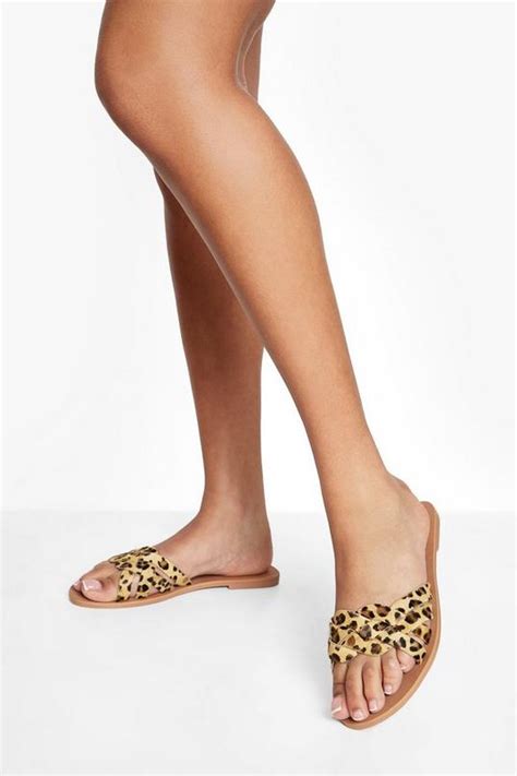 Wide Fit Leopard Woven Detail Leather Slider Boohoo Uk