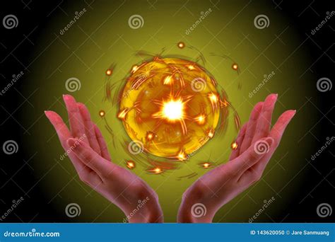 Holding The Crystal Ball Glow In My Hand With Black Background Stock