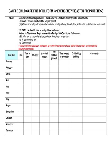Ky Sample Child Care Fire Drill Form For Emergencydisaster