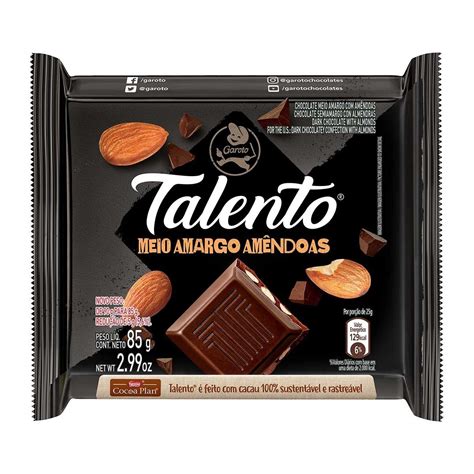 Comprar Barra De Chocolate Talento Meio Amargo Amêndoas 85g