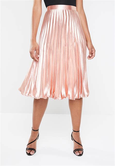 Hammered Satin Pleated Midi Skirt Pink Missguided Skirts