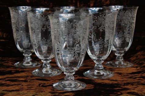 Vintage Fostoria Meadow Rose Etched Glass Tumblers Set Of 6 Footed Glasses