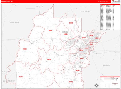 Hinds County, MS Zip Code Wall Map Red Line Style by MarketMAPS - MapSales
