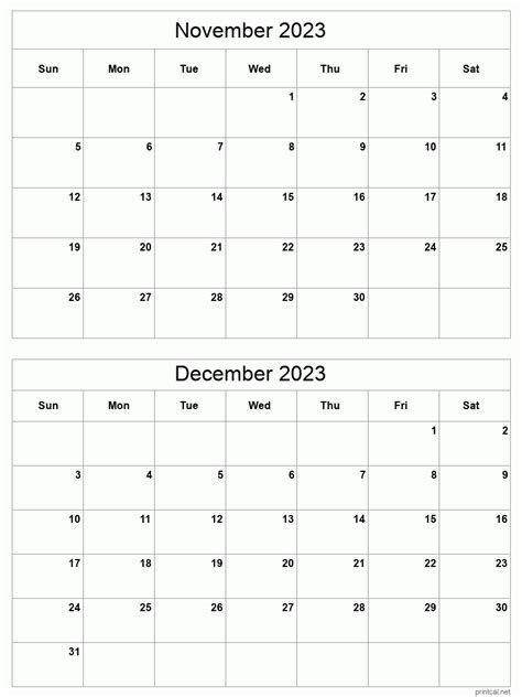 November To December 2023 Printable Calendar Two Months Per Page