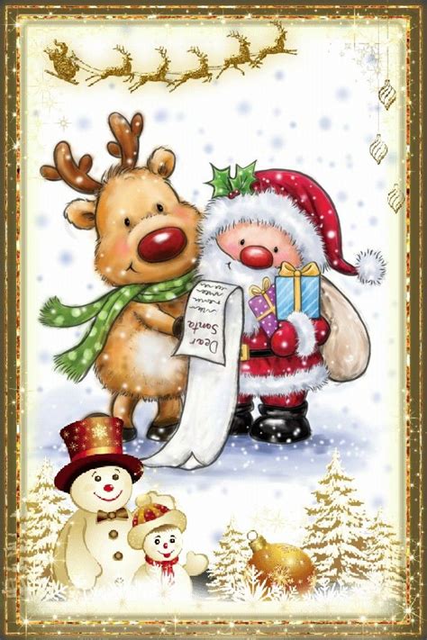 A Christmas Card With Santa And Reindeers Holding A Sheet Of Paper In