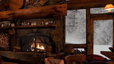 Relaxing Atmosphere Cozy Log Cabin Snow With Fireplace Crackling