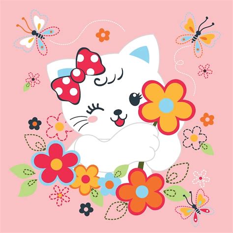 Premium Vector Cute Cats With Beautiful Flowers Vector Illustration