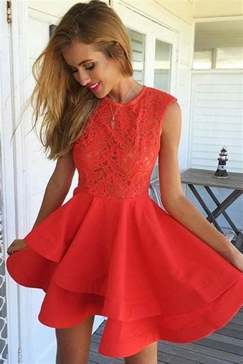 Red Tiered Red Short Homecoming Dress Homecoming Dresses Short Lace