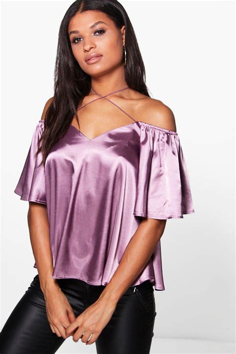 Boohoo Bella Frill Sleeve Strappy Satin Top Satiny