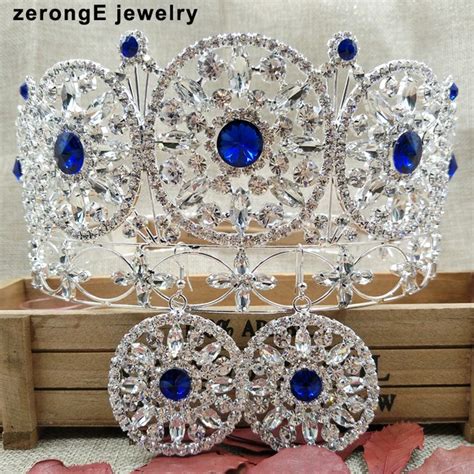 Buy Large Noble Royal Blue Full Round Crown Pageant Miss World Crystal Full