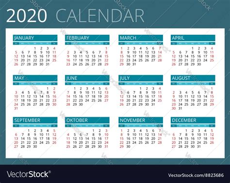 Calendar For 2020 Week Starts Sunday Simple Vector Image