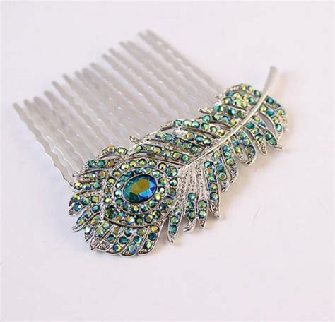 peacock wedding hair accessory rhinestone peacock feather comb teal blue hair pin prom