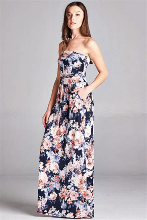 Women S Garden Party Navy And Coral Floral Pretty Strapless Maxi Dress Social Butterfly Couture