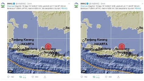 Badan meteorologi, klimatologi, dan geofisika (bmkg) mencatat terjadi gempa yang sebelumnya, di hari yang sama, pukul 11:39 wib, bmkg juga mencatat gempa dua gempa berkekuatan 6,8 dan 6,9 magnitudo menggoyang bengkulu. BMKG Catat Gempa M 5.6 Guncang Tuban Jawa Timur Siang Ini ...