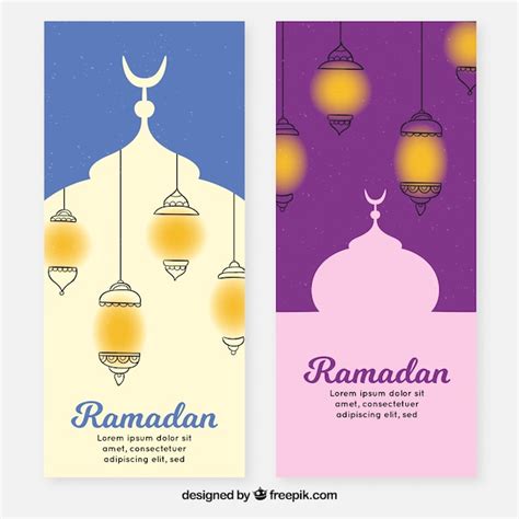 Free Vector Set Of Ramadan Banners With Lamps