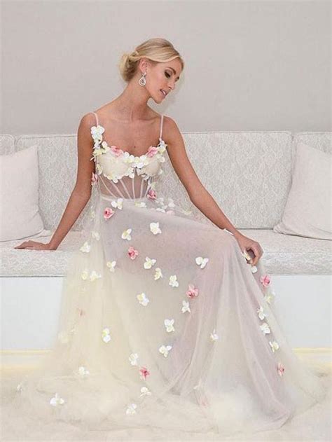 Beautiful A Line Floor Length Flower Prom Dressessexy White Evening
