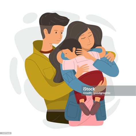 Ilustración De Mamá Y Papá Abrazando A Su Hijo Padres Y Niños Felices