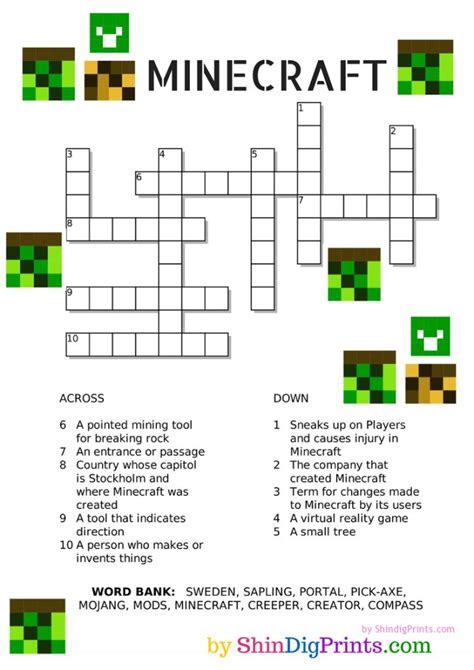 Free Minecraft Crossword Printable Minecraft Minecraft Word Search
