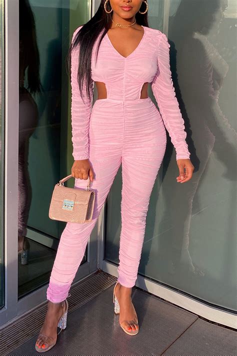 fashion pink fashion sexy solid hollowed out fold v neck skinny jumpsuits for sale