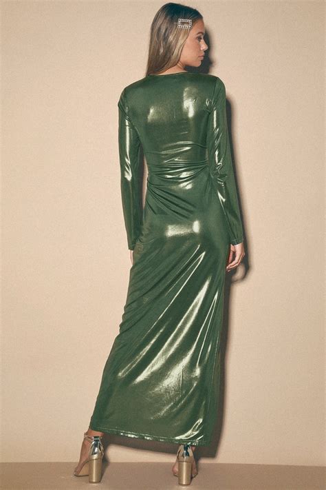 Sexy Green Dress Metallic Maxi Dress Long Sleeve Dress Lulus