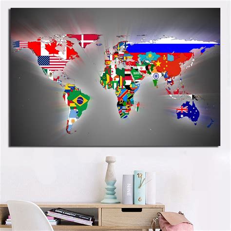 Colorful National Flags World Maps Painting Prints On Canvas Gray