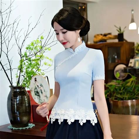 summer sexy slim women cotton lace shirt tops chinese style mandarin collar blouse vintage