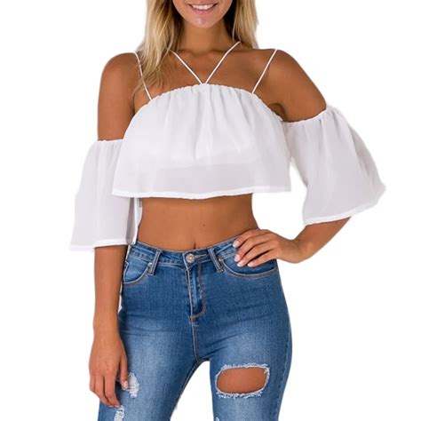 Sexy Fashion Women Loose Crop Top Solid Off Shoulder Backless Strappy Short Sleeves Casual
