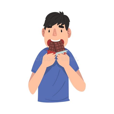 Guy Eating Chocolate Funny Man Cartoon Character Enjoying Eating Sweets Vector Illustration