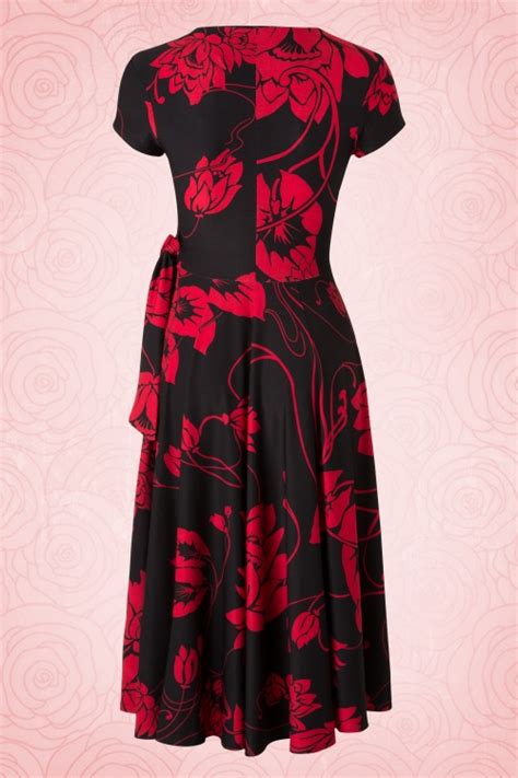 Topvintage Exclusive 50s Veronica Red Flower Dress In Black