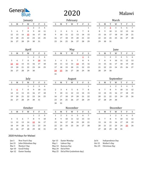 2020 Malawi Calendar With Holidays