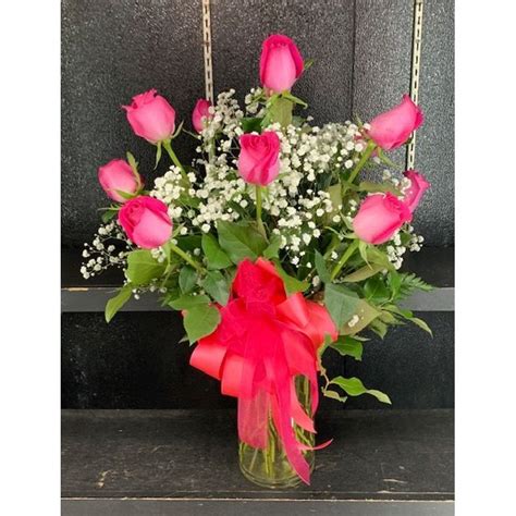 Dozen Hot Pink Roses Vase Pelham Florist Artistic Manner Flower Shop