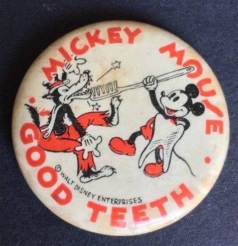 Vintage 1930s Disney Mickey Mouse Teeth Dental Pin Pinback Button
