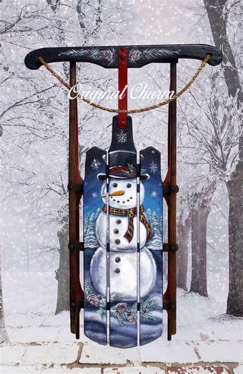 Hand Painted Snowman Sled By Original Charm In 2023 Sled Decor