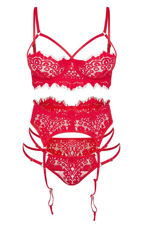 red harness strap detail lace 3 piece lingerie set prettylittlething qa