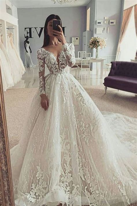 stunning v neck long sleeves puffy wedding dress with appliques simibridaldresses
