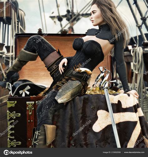 Sexy Adult Female Pirate Long Brown Hair Enjoying Her Newly Stock Photo