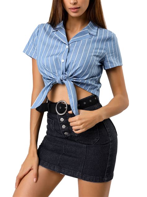 Unique Bargains Womens Striped Button Up Short Sleeve Tie Front Crop