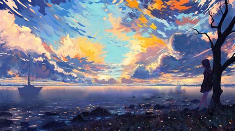 Wallpaper Anime Landscape Sea Ships Colorful Clouds Scenic Tree