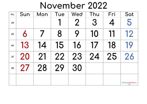 November 2022 Printable Calendar With Week Numbers Free Premium In