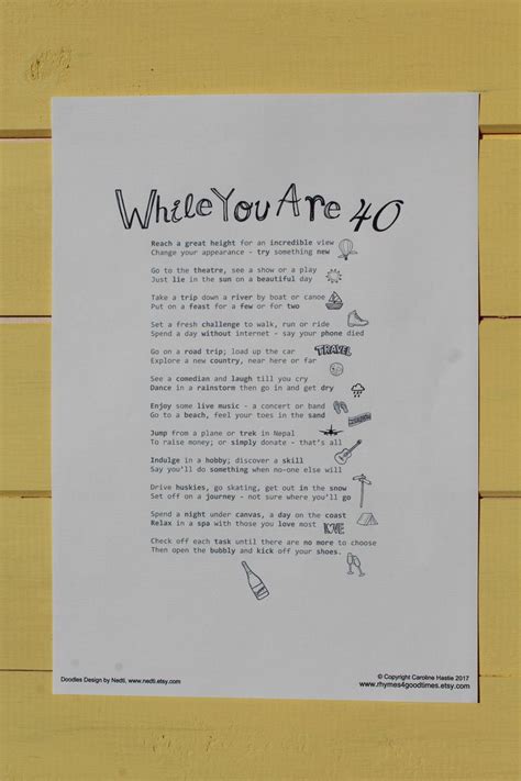 Congratulations, you turned 40 when you finally get your head together, and your body has other ideas. 40th BIRTHDAY Female. Instant Download. Poem Print. A fun, bucket list in verse of things to do ...