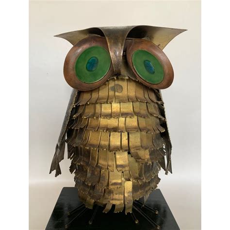 1966 Curtis Jere Owl Sculpture With Enamel Eyes Signed On Wooden