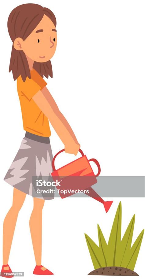 Cute Girl Watering Plants In The Garden With Watering Can Vector Illustration Stock Illustration