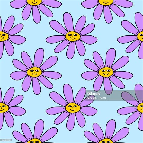Groovy Smiley Hippie Flower Seamless Pattern Positive 70s Retro Smiling Daisy Stock Illustration