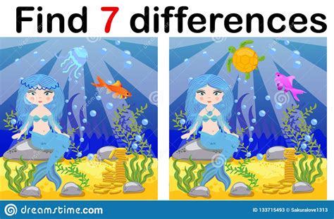 Find Differences Game For Children Mermaid Underwater In