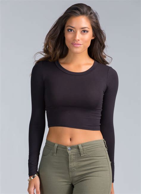 Not So Basic Long Sleeve Crop Top Black Ladies Tops Fashion Casual